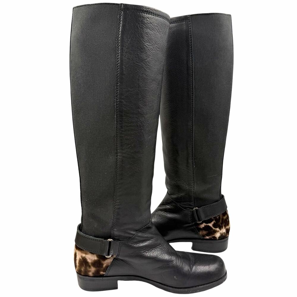 VTG Y2K Stuart Weitzman Black Stretch Knee High Riding Boots Leather Leopard 7.5